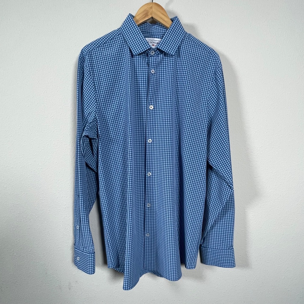 Mizzen+Main Leeward Button Up Shirt Mens XL Blue Gingham Trim Fit Performance